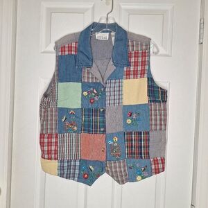 Vintage Casey & Max Denim Lattice Plaid Quilt Vest Size Large